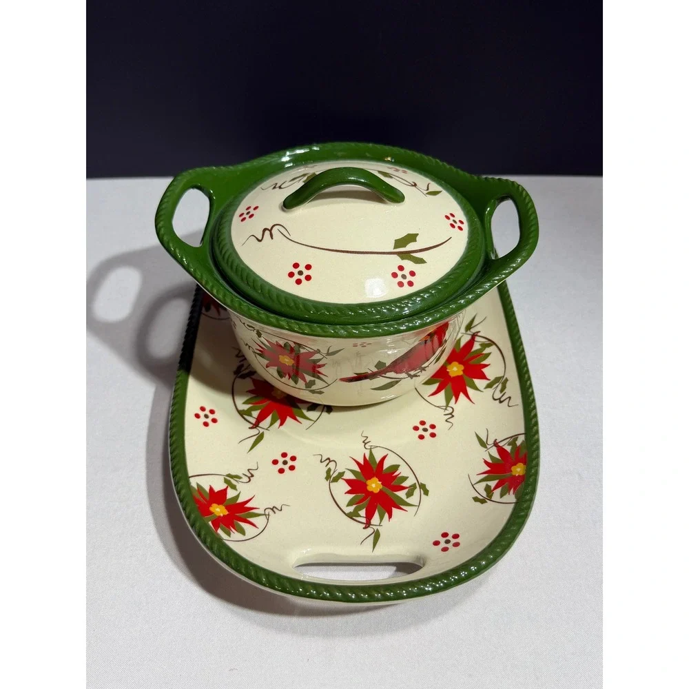 Temp-tations by Tara Seasonal Poinsettia Stoneware Soup Tureen and Tray Set